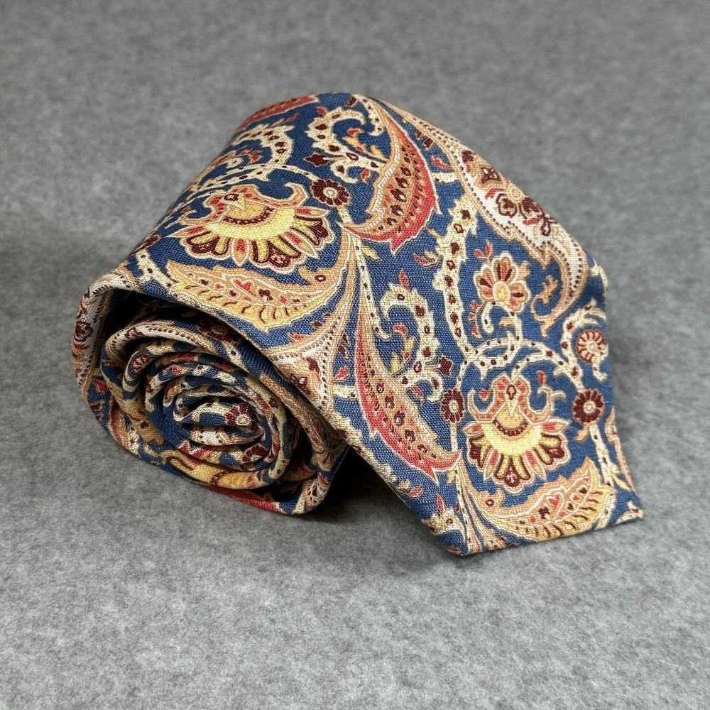 Vintage Lands End Blue Paisley Cotton Tie Classic Floral Wide Necktie 59x3.5in